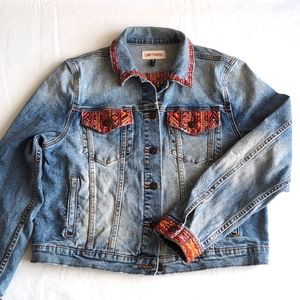 DRIFTWOOD Blue Jean Jacket with Red and Orange Accents